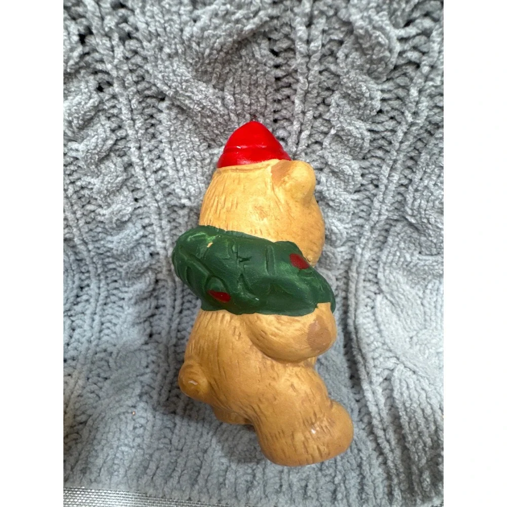 Vintage Ceramic Christmas Teddy Bear Ornament with Wreath and Red Hat‎ Holiday